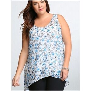 Torrid Plus‎ Size 1 Floral Tank Top Blue White Gray High Low Sleeveless sheer